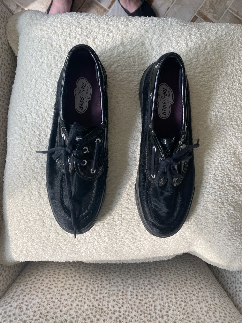 Top-Sider Black Patent & Haircalf Boat Shoes by Sperry.